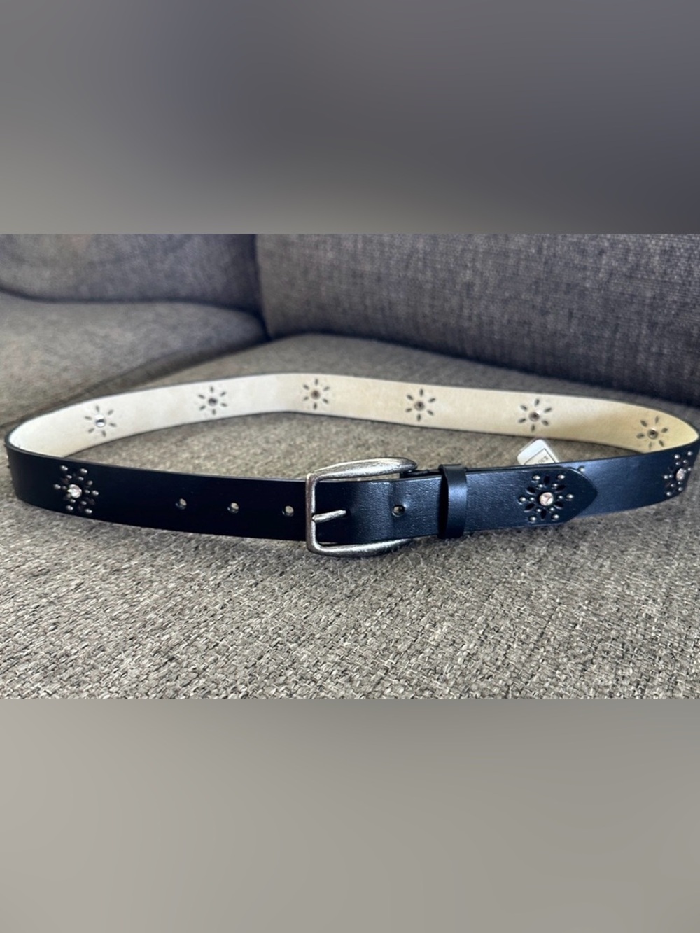 NWT Nine West Black Genuine Leather Studded Rhinestone Belt M